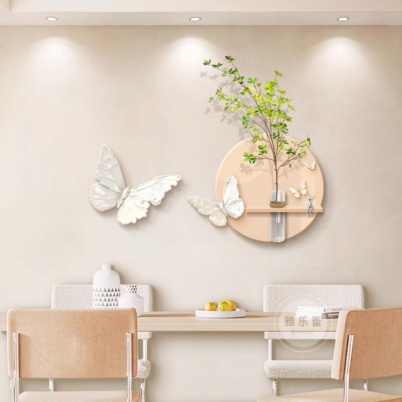 奶油风餐厅装饰画立体蝴蝶客厅高级感砂岩画花瓶水培绿植餐桌壁画图片