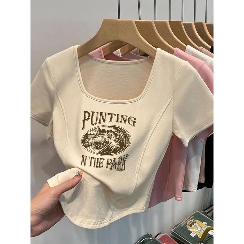 纯棉方领短袖T恤女夏季不规则印花修身显瘦短款正肩体恤鱼骨上衣