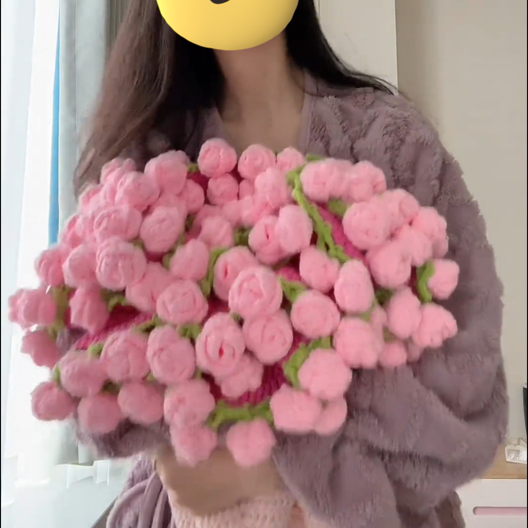 渐变粉色玫瑰毯子花束毯子毛线男女朋友手工礼物材料包空调盖毯