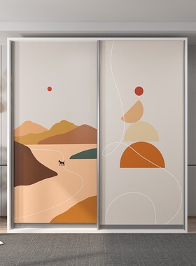 衣柜旧柜子翻新改造抽象图案双门成人装饰画橙色壁纸自粘防水贴纸