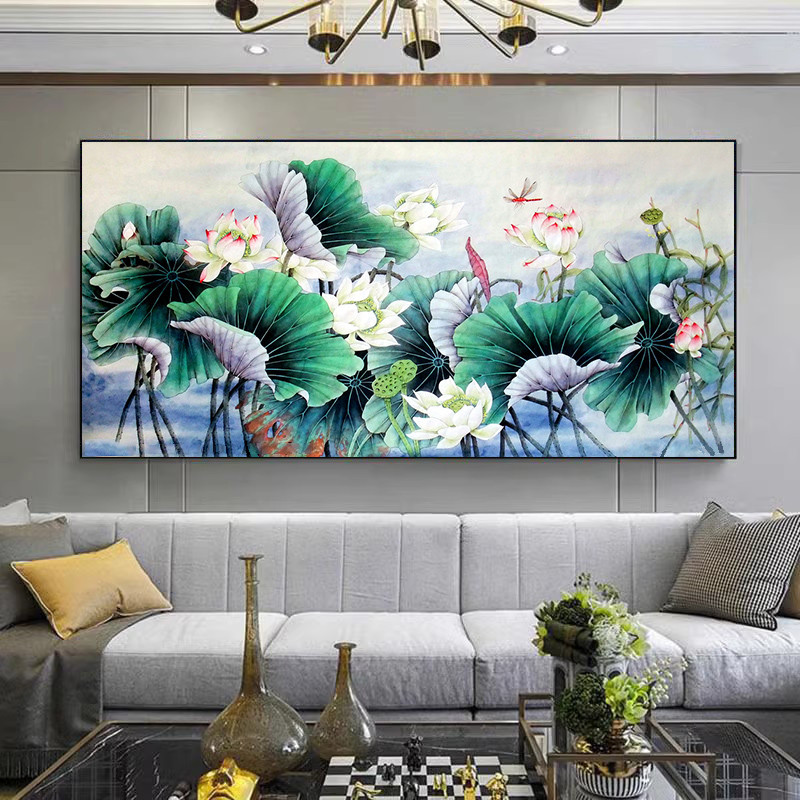 荷花diy数字油画 手绘填充涂色丙烯油彩画 寓意廉洁客厅装饰画图片