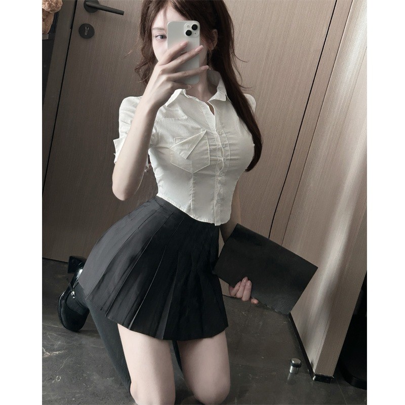 夏季纯欲短款衬衫女设计感小众学院风jk制服修身短袖白色衬衣上衣