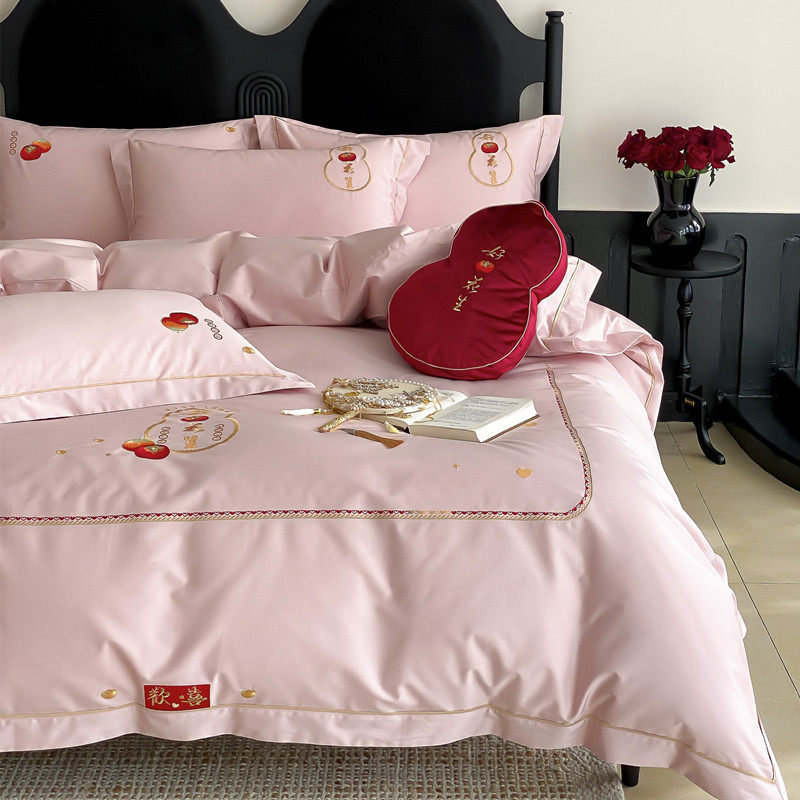 新款高档结婚床上四件套全棉纯棉粉红色被套床单婚嫁婚庆婚房床品,床上用品,婚庆床品套件,淘宝优惠券,粉丝福利购,淘宝优惠卷