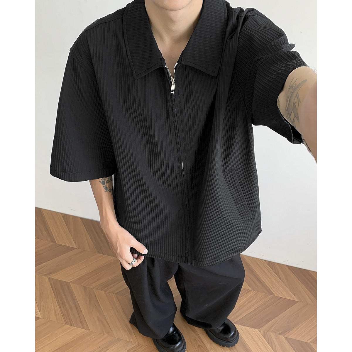 推荐褶皱肌理感短袖衬衫男2025夏季新款高级感痞帅潮流宽松半袖衬