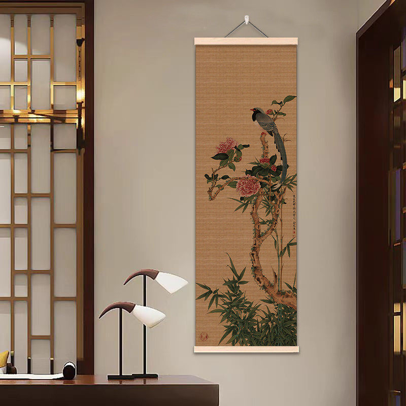 中古风花鸟竹帘挂画入户玄关挂帘装饰画茶室书房背景屏风遮挡帘子