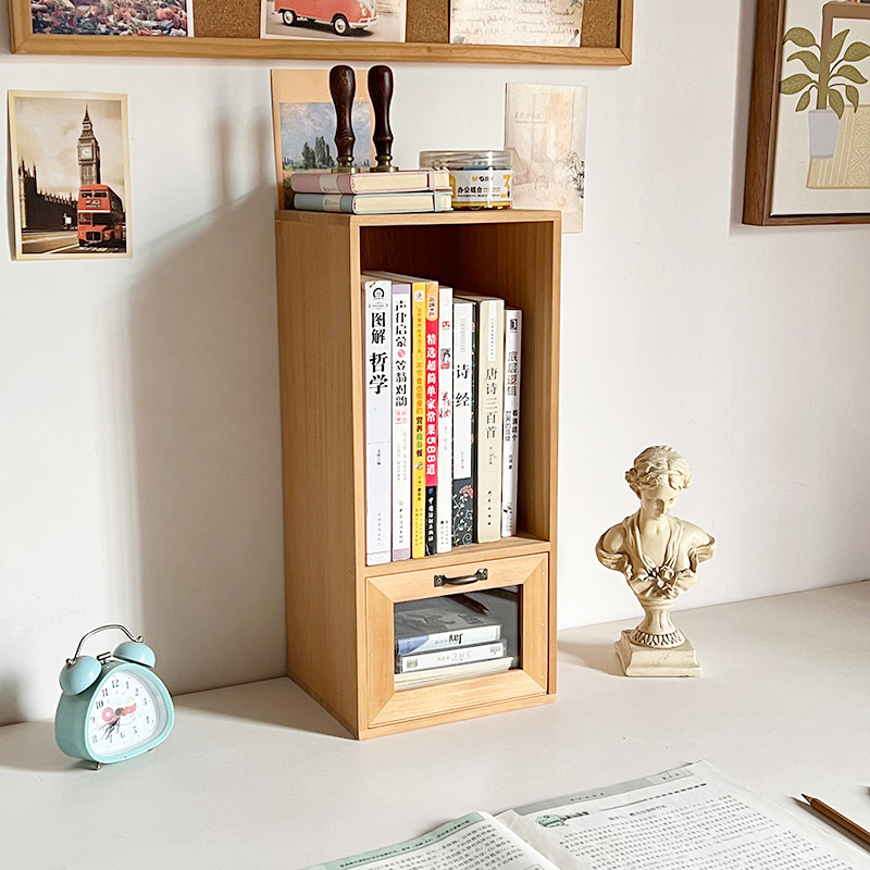 晴天杂货铺单格抽屉小书架办公桌面手账书本整理木质收纳盒带抽屉