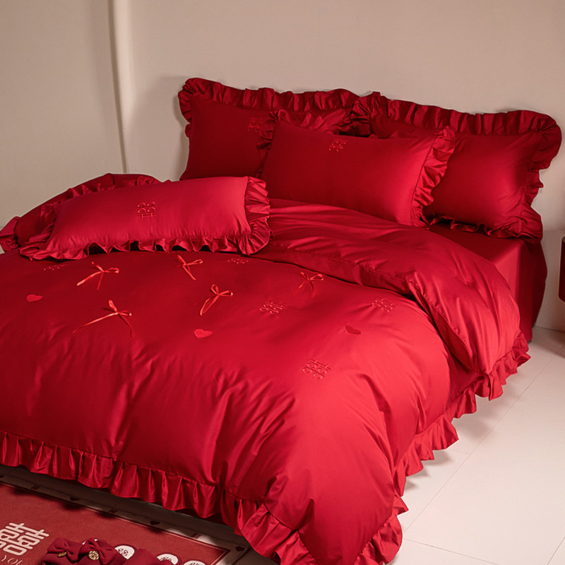 100S法式浪漫结婚四件套红色全棉纯棉被套新婚庆喜被婚房床上用品