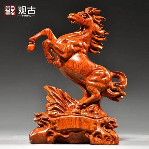 送礼马马摆件动物品开业木雕十二生肖家居装饰工艺品梨实木花