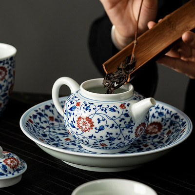 泥土故事釉里红缠枝莲茶壶单壶泡茶器家用功夫茶具中式手绘过滤