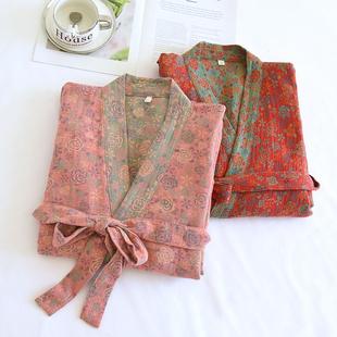 复古蔷薇提花睡袍女春秋纯棉纱布色织和服浴袍高档全棉汗蒸家居服