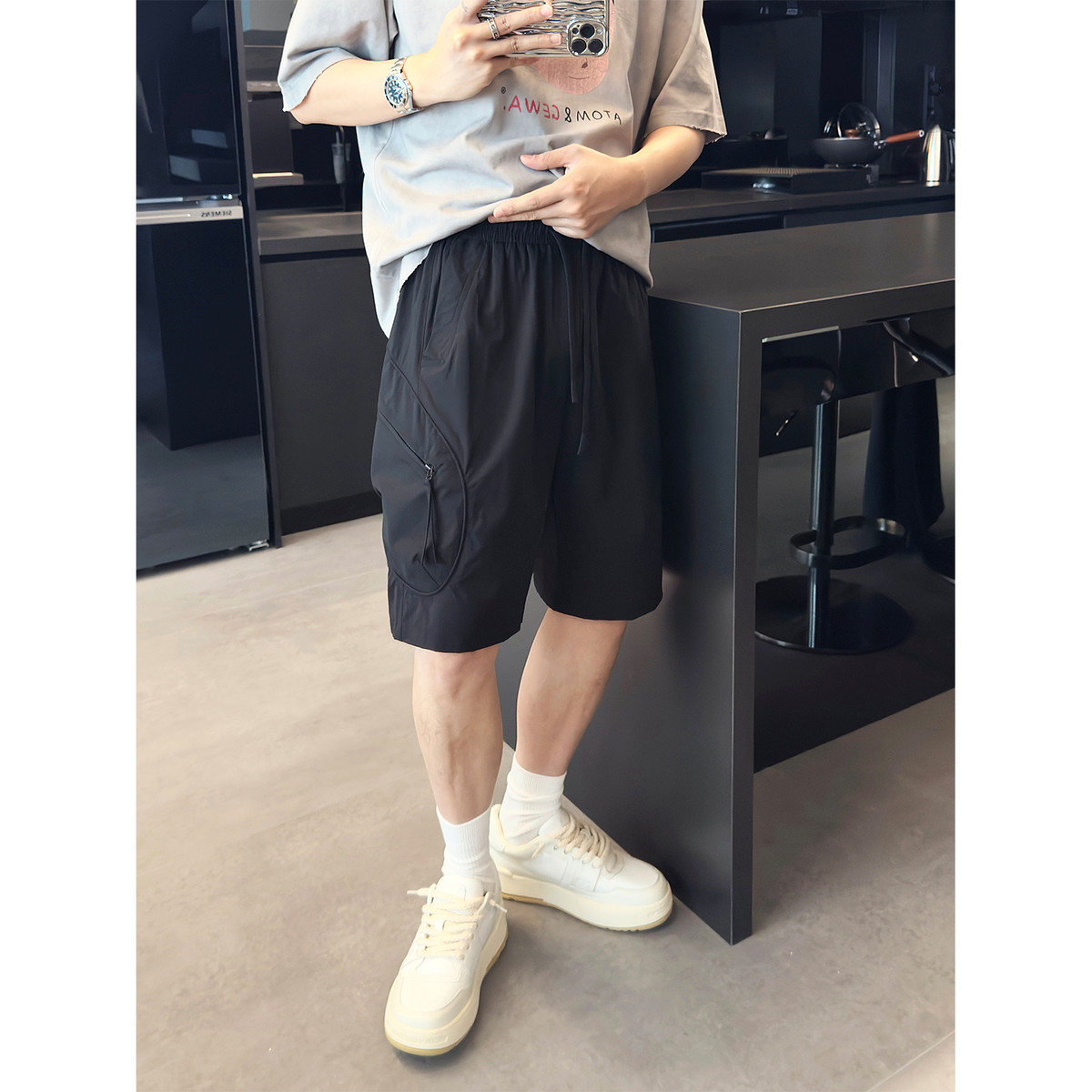 好货里奈男装夏季新款美式潮牌纯色尼龙薄款五分短裤男士工装休闲