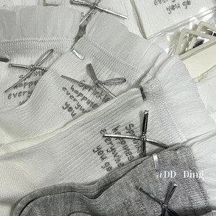 饰女袜ins潮薄款 春夏烫印字母立体蝴蝶结花边装 2双 中筒袜 包邮