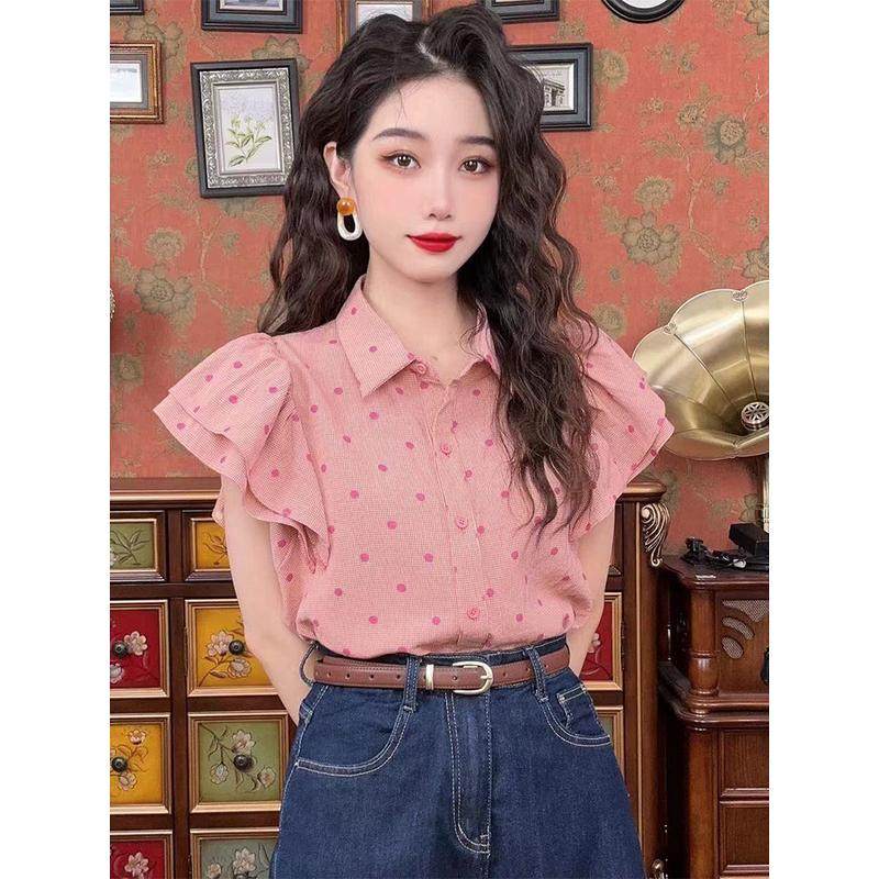 港风粉色波点衬衫2025年新款夏款衬衣别致绝美小飞袖,女装/女士精品,衬衫,淘宝优惠券,粉丝福利购,淘宝优惠卷