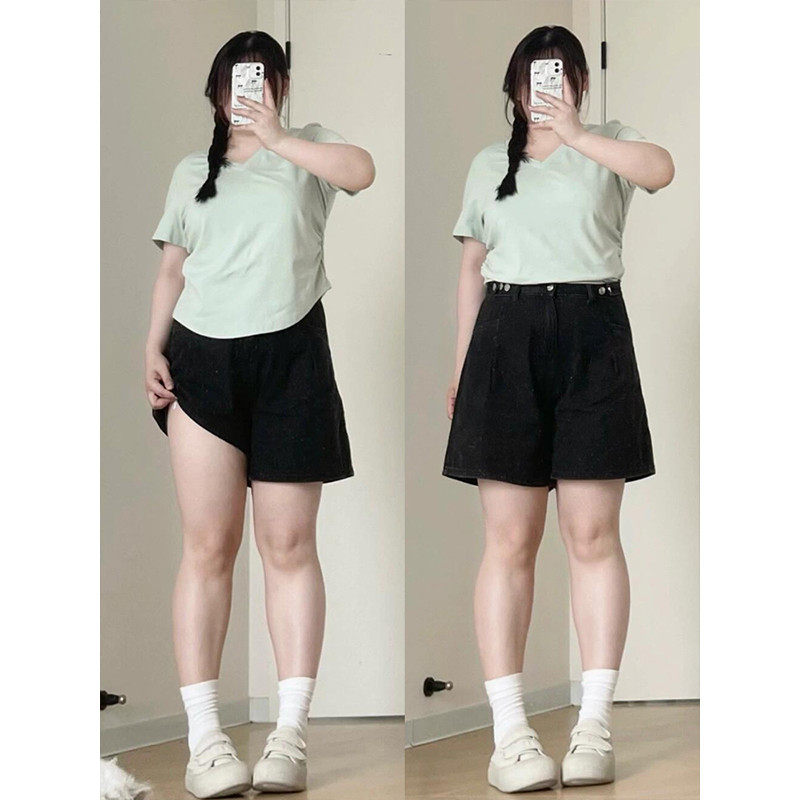 300斤大码夏季黑色牛仔女胖mm宽松显瘦松紧腰五分裤,女装/女士精品,大码裤装,淘宝优惠券,粉丝福利购,淘宝优惠卷