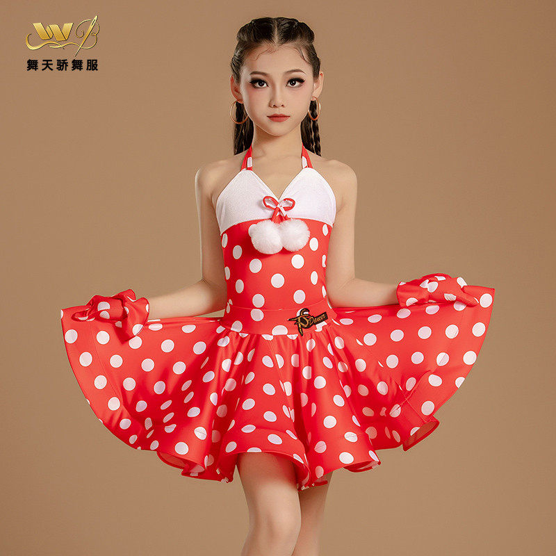 舞天骄专业女儿童拉丁舞训练功服节日比赛表演大红白波点分体套装