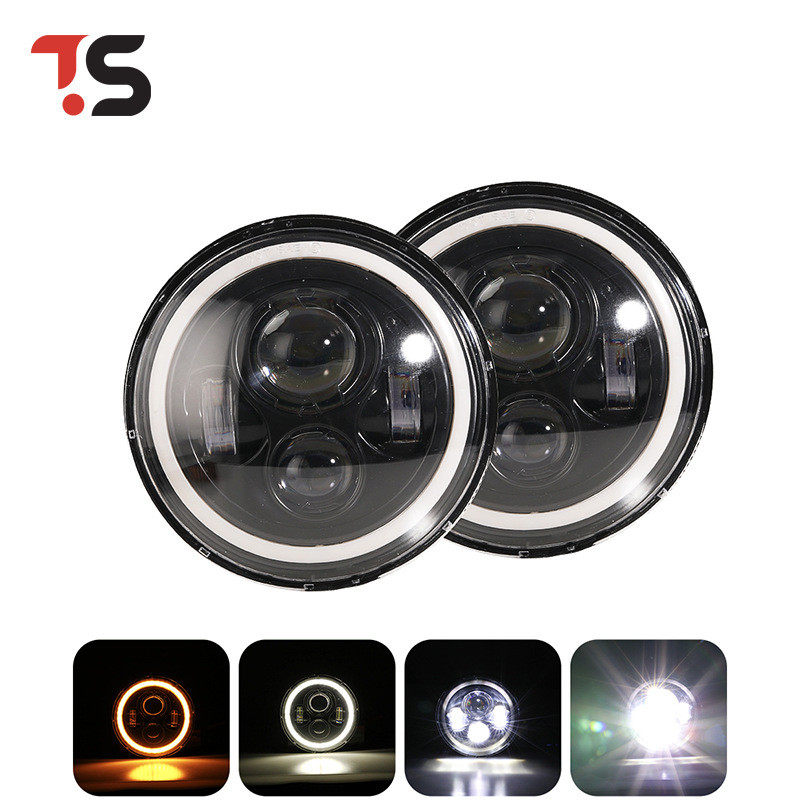 跨境热卖汽车led大灯7寸全圆双色带光圈 H4改装灯适用JEEP牧马人