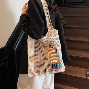 新品 镂空针织单肩包大容量通勤托 夏天网格编织包包女2025新款 时尚