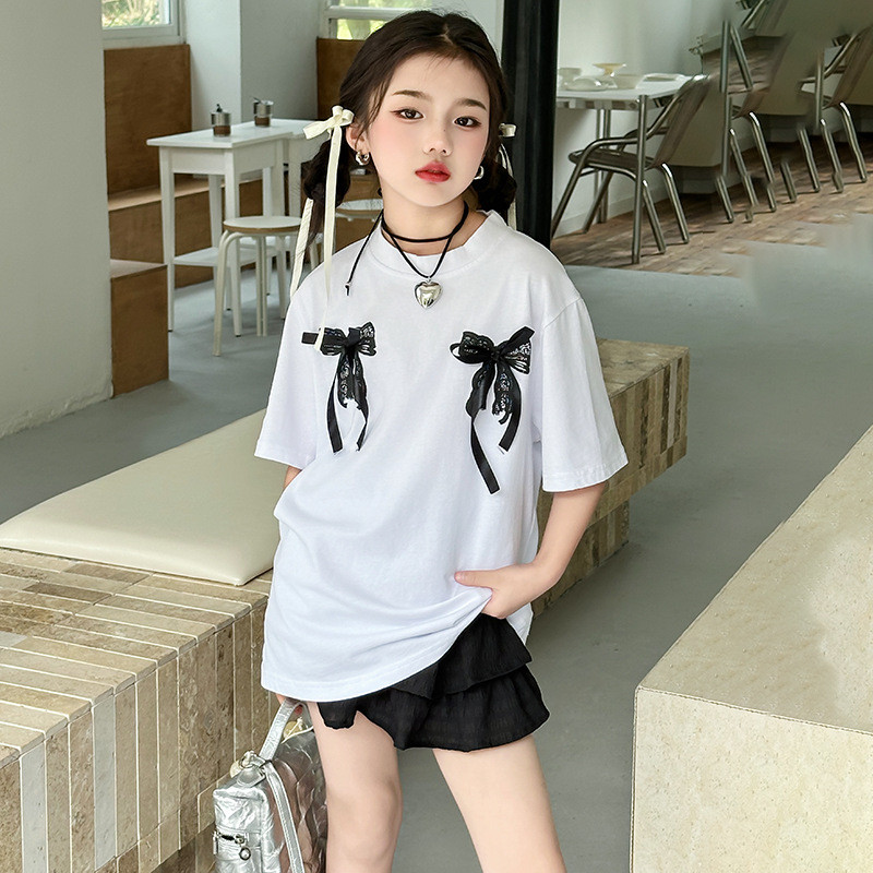 2025女童新款蝴蝶结宽松T恤衫女童中大童上衣裙子蛋糕裙两件套