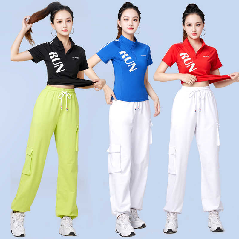 速发高货广场舞新款上衣夏装短袖鬼步舞运动女跳操健身衣跑步训练