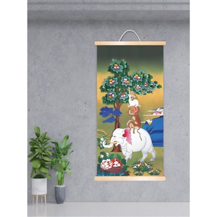 吉祥四瑞画像天地实木卷轴挂画新中式装饰画和睦祝福唐卡已装裱画