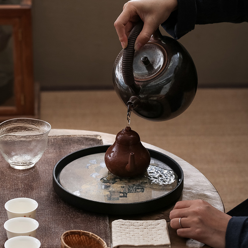 干速干吸水茶盘墨彩泡茶台陶瓷壶承家用小型圆形功夫茶具茶海托盘