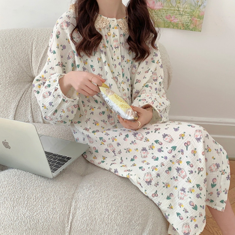 简约慵懒风蕾丝边纯棉纱布睡裙睡衣女款春秋季长袖宽松家居服韩版