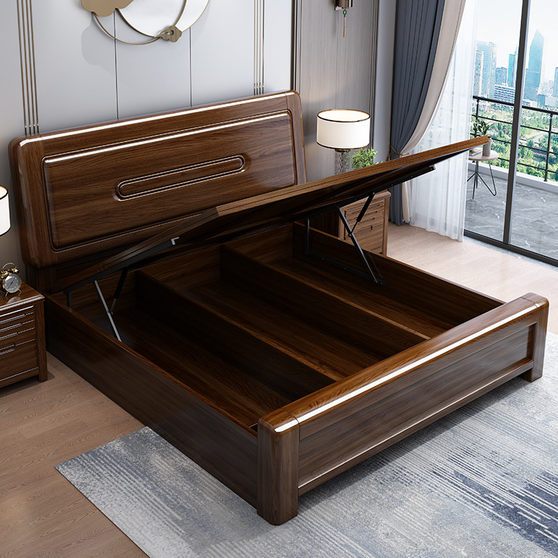 胡桃木实木床高箱储物床现代简约新中式全实木榫卯结构1米5家用床