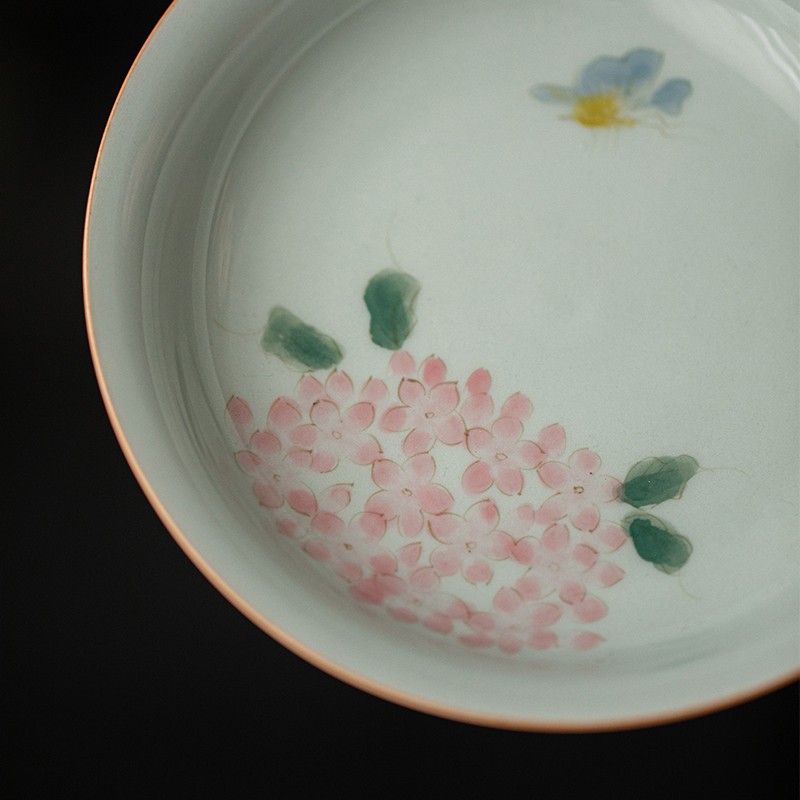 草木祠仿古青手绘绣球花壶承 陶瓷圆形养壶垫壶托 干泡盘果盘茶台