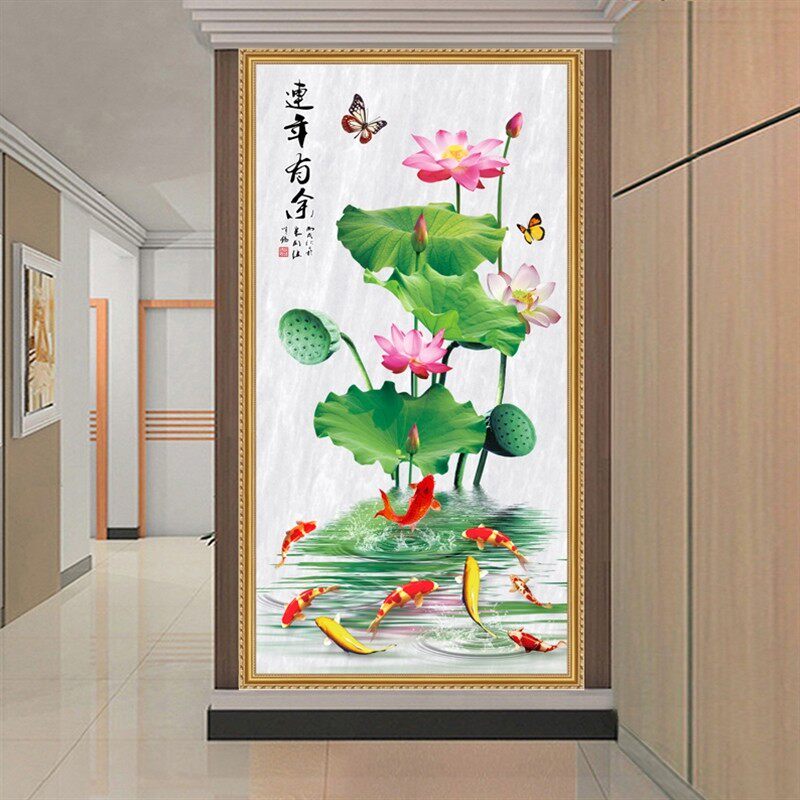自粘壁画轻奢花开富贵墙贴竖款客厅玄关装饰画九鱼图挂画招财贴纸