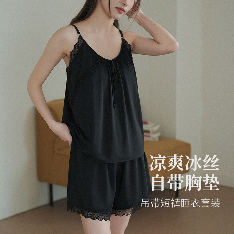 仙女吊带短裤套装夏季薄款女士冰丝带胸垫性感蕾丝睡衣睡裤家居服