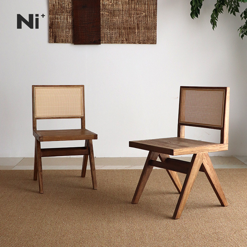 Ni+尼家中古侘寂实木藤编餐椅日式靠背设计师昌迪加尔椅子书桌椅