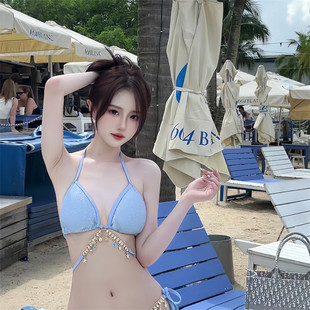 性感度 速发高品质泳衣女夏人鱼钻链欧美纯欲绑带三角比基尼三点式
