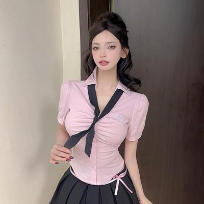 夏季粉色学院风领带衬衫女短袖jk制服纯欲风衬衣修身别致甜辣上衣
