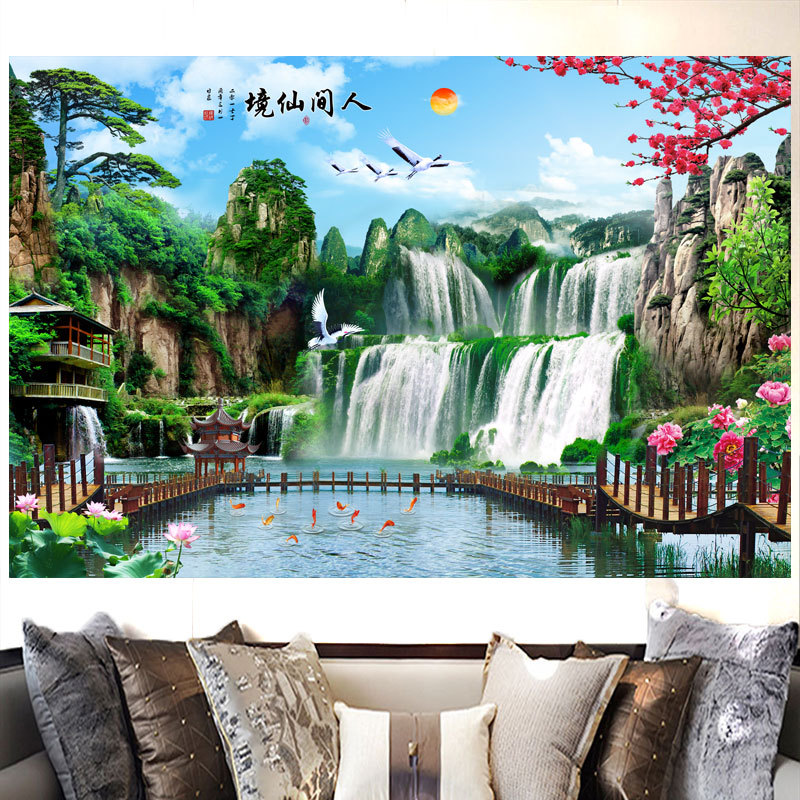 人间仙境荷花山水画宝塔亭子宝地生金连年有余家居背景墙装饰画图片