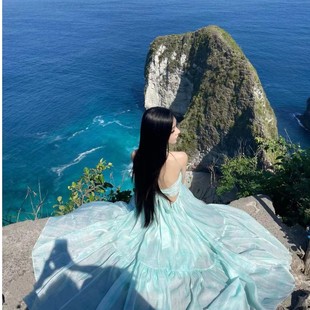 法式 新品 超好看性感露背海边度假吊带连衣裙仙女绝美三亚旅行沙滩