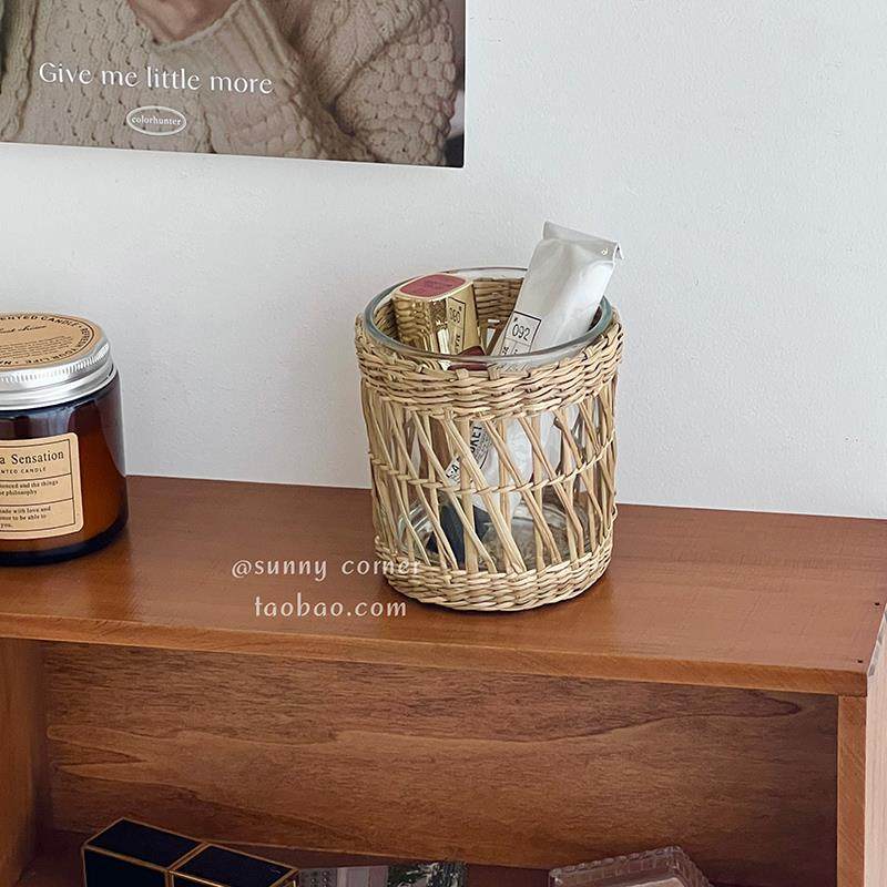 草编多功能化妆刷收纳筒桌面文具笔筒圆柱形手工编织玻璃收纳桶,收纳整理,化妆刷收纳盒/桶,淘宝优惠券,粉丝福利购,淘宝优惠卷