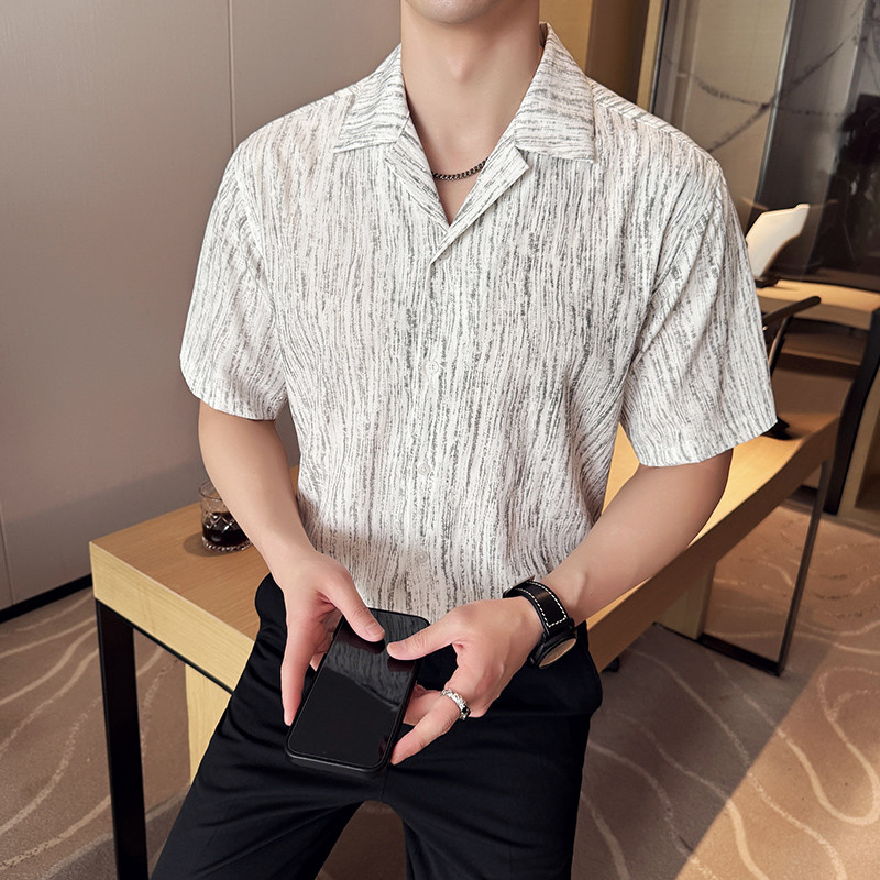 现货法式白色古巴领短袖衬衫男高级感痞帅时尚潮流修身扎染五分袖