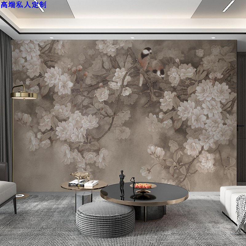 新中式5d电视背景墙壁纸客厅沙发卧室墙纸8D立体浮雕工笔花鸟墙布