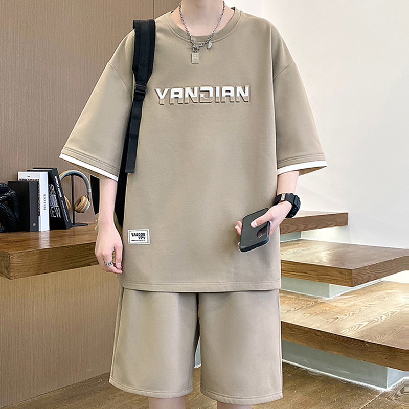 好货拼色短袖短裤男款夏季潮流休闲运动套装宽松加肥加大码男装两