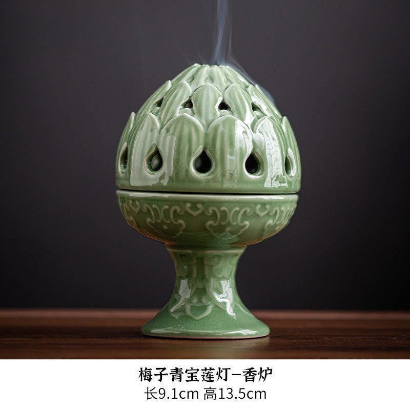 青瓷宝莲灯香薰炉家用香篆香炉陶瓷茶道摆件室内仿古熏炉高足香炉
