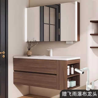 陶瓷一体盆浴室柜组合侧边收纳中古风胡桃木洗手盆柜洗脸盆洗漱池