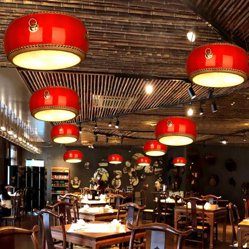 中式仿古土菜馆吊灯饭店火锅店大厅定制鼓灯中国风国潮灯具带射灯
