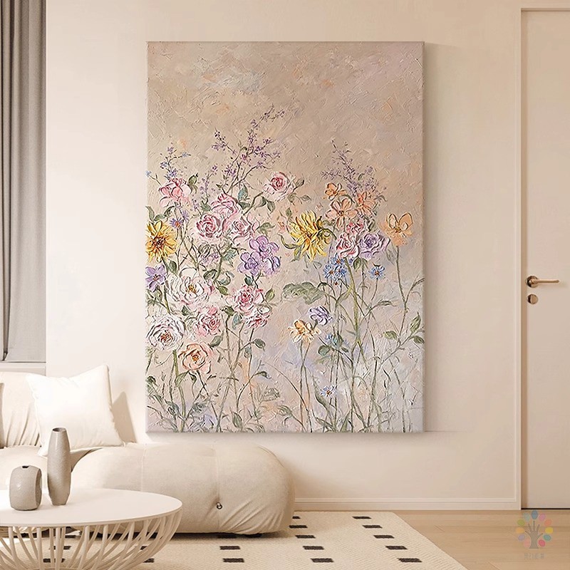 奶油风纯手绘油画抽象花卉客厅装饰画玄关主卧床头丙烯肌理感挂画图片