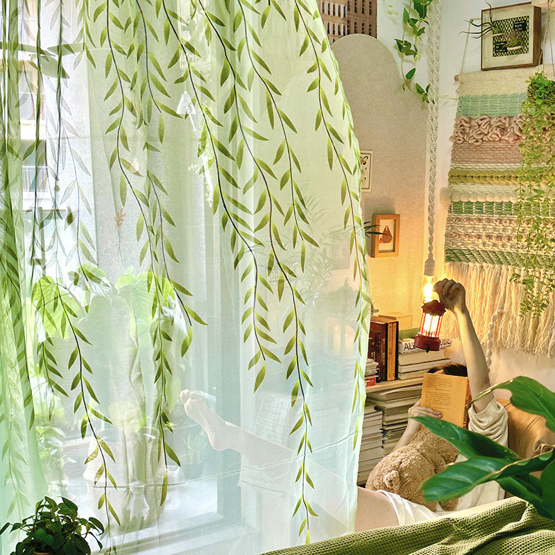 田园风格窗纱成品绿色柳叶纱帘客厅卧室阳台落地窗特价全遮光窗帘