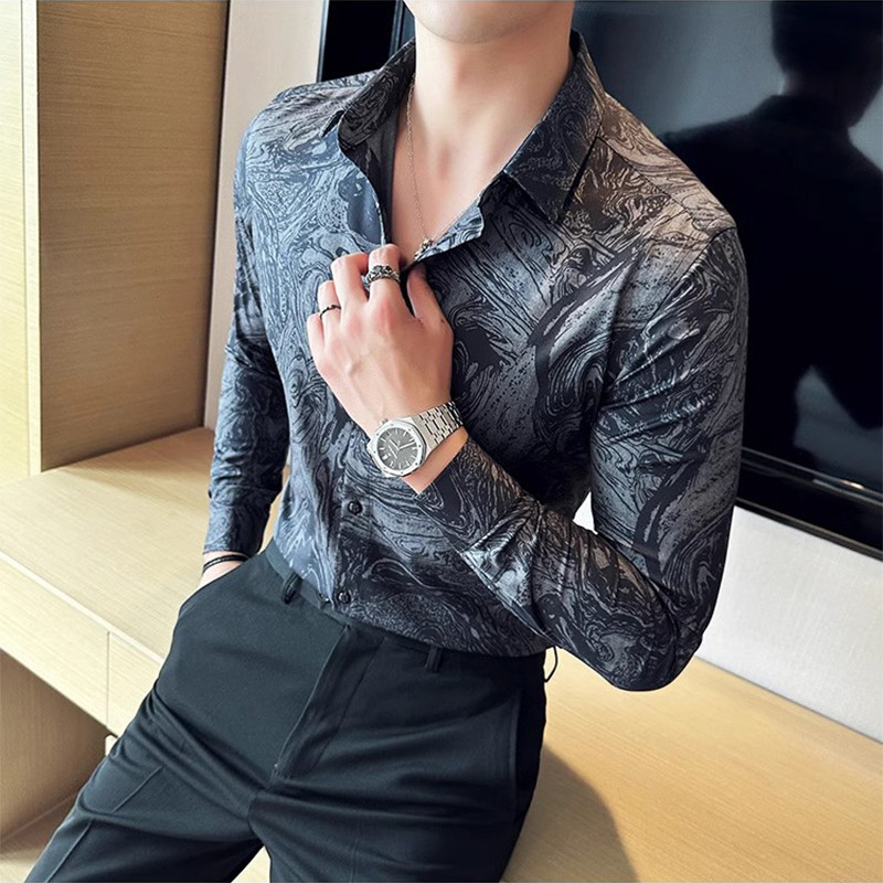 现货英伦雅痞男装高级感尖领花衬衫男长袖夏薄款潮流修身痞帅休闲