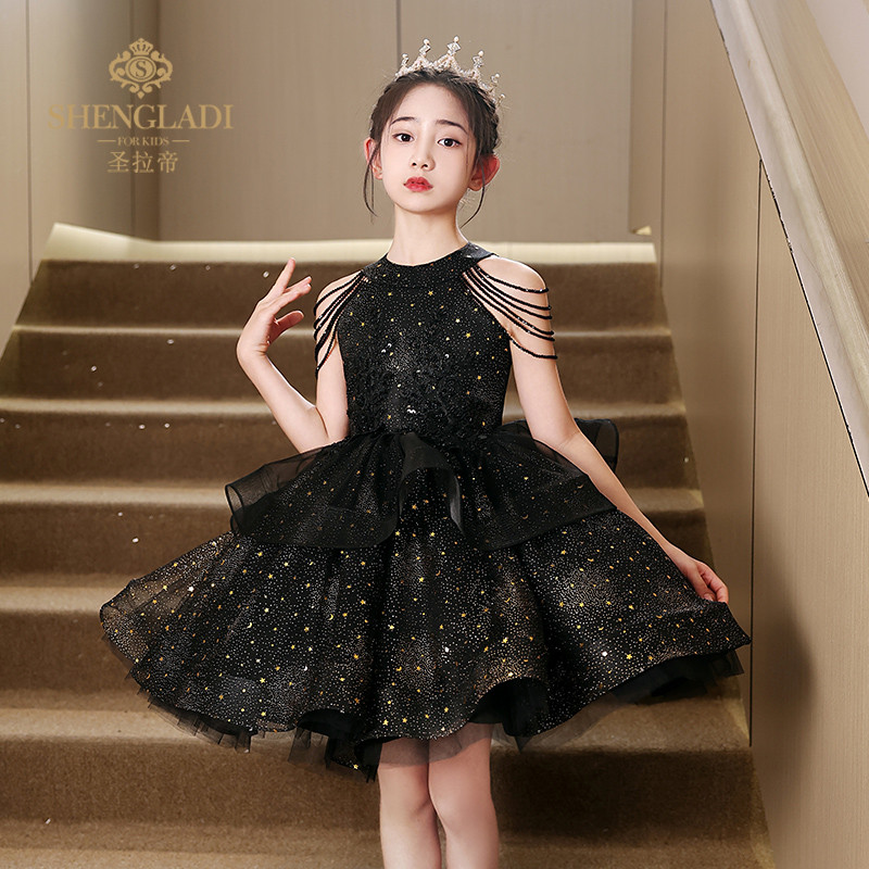 钢琴演奏礼服女童轻奢小众高端洋气公主裙儿童小主持人黑色晚礼服