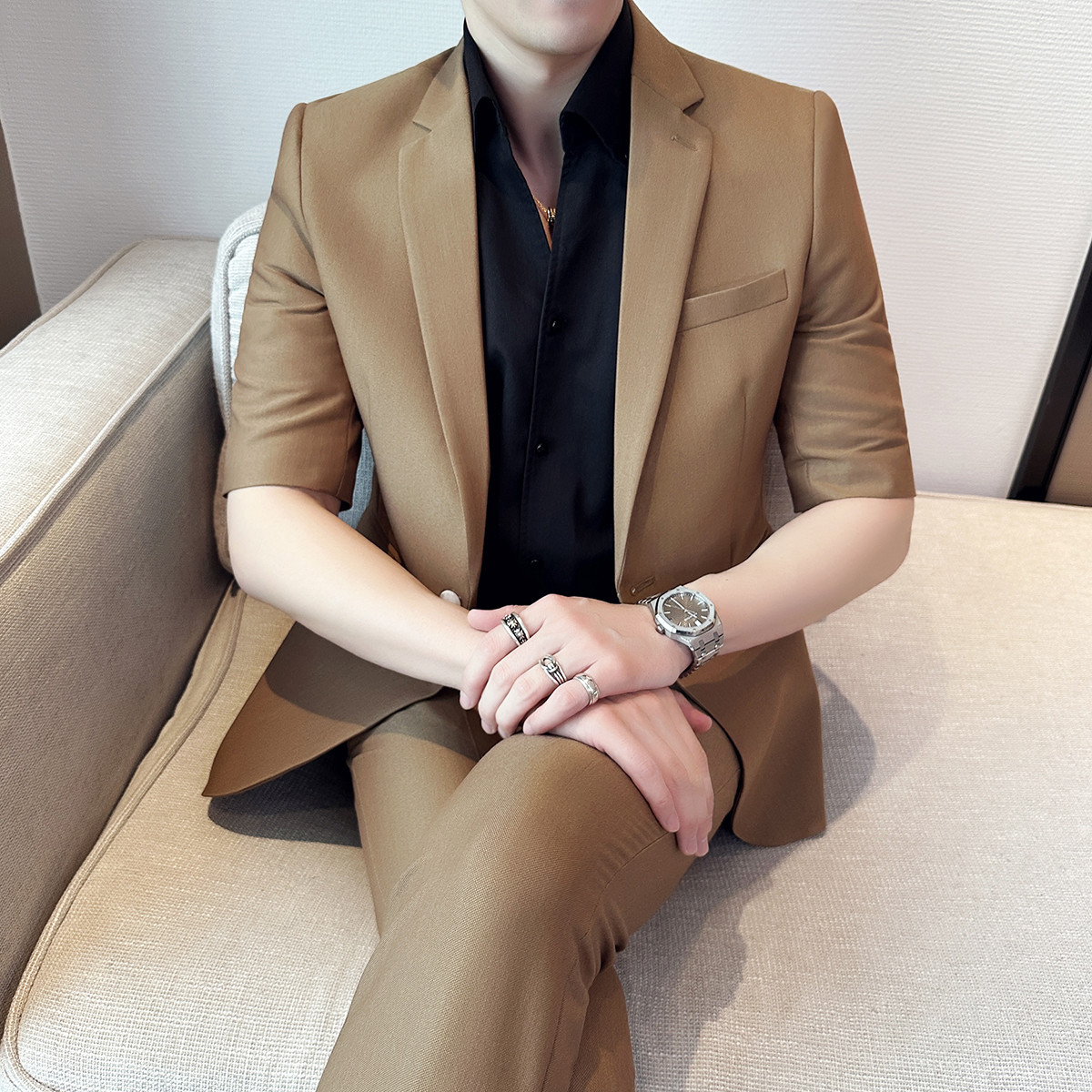 推荐夏季薄款男士短袖西服套装纯色百搭修身商务休闲高级感西装两