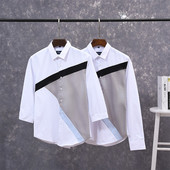 男韩版 潮流帅棉质夏季 商务休闲七分袖 拼色衬衫 衬衣小清新中袖 寸衣