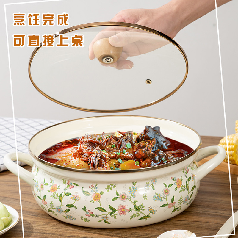 珐琅锅家用铸铁汤锅炖锅双耳老式搪瓷锅进口猪油盆罐缸加厚带把手