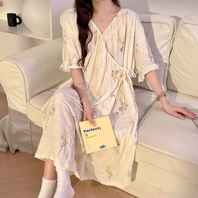 系带和服睡裙女夏季云朵棉睡袍薄款小黄花孕妇月子浴袍家居服睡衣